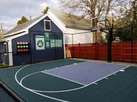 Backyard basketball court is the sort of thing you might find in Wakefield, MA or a yard like yours. Includes customer embellishments to their court area, with basketball rack, Celtics banners, and Larry Bird shirt.