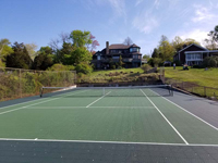 Full view of restored backyard tennis court, looking toward house, in Bristol, RI.