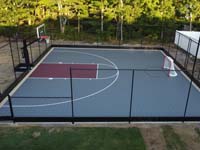 Hockey and basketball... two great sports that go great together on one of our courts in your backyard. Silverv and burgundy surface with optional fencing and increasingly popular lighting system, on Cape Cod in Falmouth, MA.