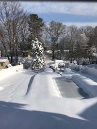 View of entire backyard during the winter befor construction of royal blue and yellow basketball court and accessories in Stoneham, MA. Court will be at very back, where fir tree and small shed can be seen.